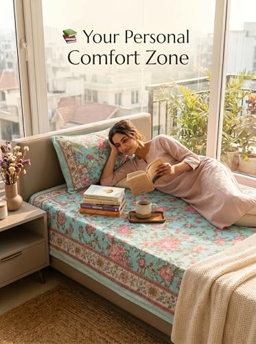 Image of Mafatlal 144 TC Heritage 100% Pure Cotton Jaipuri Bedsheet with Pillow Cover (90x60 inches) | Soft & Breathable Fabric | Traditional Floral Print | Teal Blue