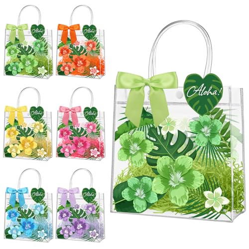 Sweetude Conjunto de 12 sacolas de presente havaianas transparentes com alça 20 x 20 x 7 cm, lindas sacolas plásticas reutilizáveis com laços de fita para casamento, aniversário, chá de bebê