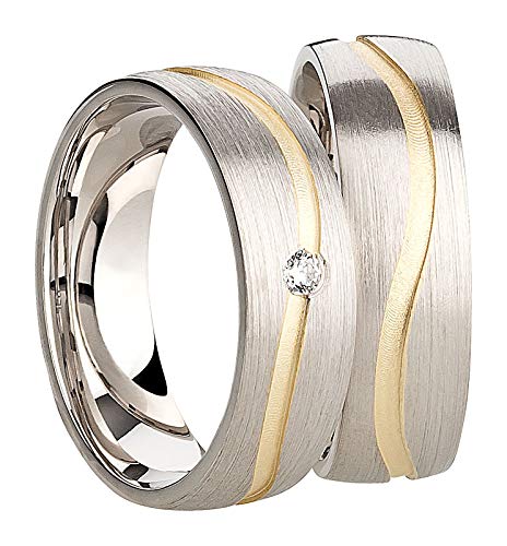 Schmuck DepotPair of Wedding Rings Partner Rings Engagement Rings Silver 925 + Gold Coating with Zirconia + Engraving Proposal Rings, Silver