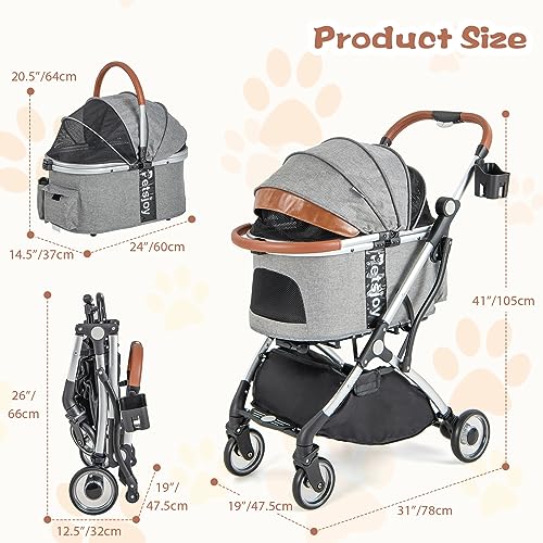 PETSITE 3-in-1 Pet Stroller, Foldable Dog Cat Stroller w/Removable Waterproof Cover, Storage Basket, Telescopic Handle, 4 Wheel Pet Travel Carrier w/ 360°Front Wheels & Rear Wheels w/Brake