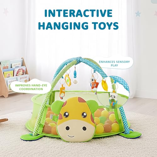 Image of Amazon Brand - Supples Baby Play Gym Pool | Activity Play Gym for Baby with Hanging Toys and 30 Colorful Balls | 3-in-1 Ball Pit, Mat & Gym | Giraffe Print | Multicolor | Baby Bedding for 2+ Months