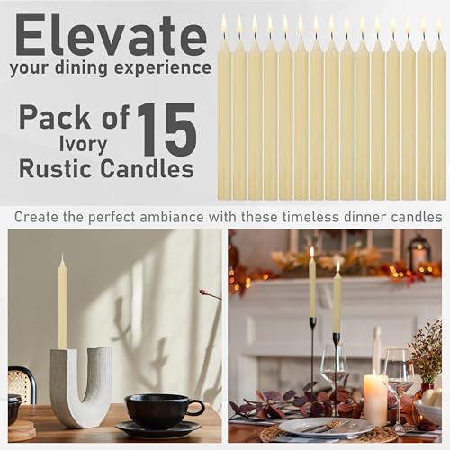 DECO EXPRESS Tapered Candle Set of 15 Classic Dripless Rustic Tapered Unscented 9H Burn Time Handmade Decorative Dinner Candles Restaurant Home Christmas (Ivory - Image 4