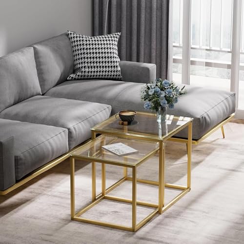 Huhote Quadratisch Couchtisch 2er Set, Moderne Wohnzimmertisch, Couchtisch Aus Glas, Wohnzimmertisch Klein, Beistelltisch, Sofatisch, Coffee Table für Wohnzimmer, Schlafzimmer, Büro, 50/45 cm, Gold – Bild 8