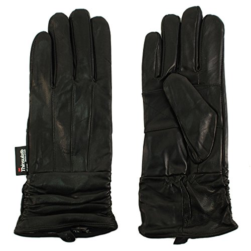 Ladies Winter 3M Thinsulate Soft Genuine Leather Long Ruched Wrist Gloves Black Small