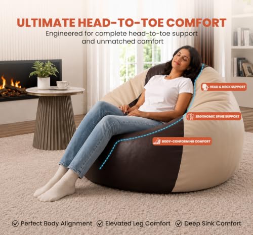Image of Sattva Classic 2XL Bean Bag Chair with Beans Filled | Faux Leather Sofa Style Bin Bags with Beans Filling for Living Room | Comfortable Seating for Adults & Teens, Home & Office - Brown & Cream