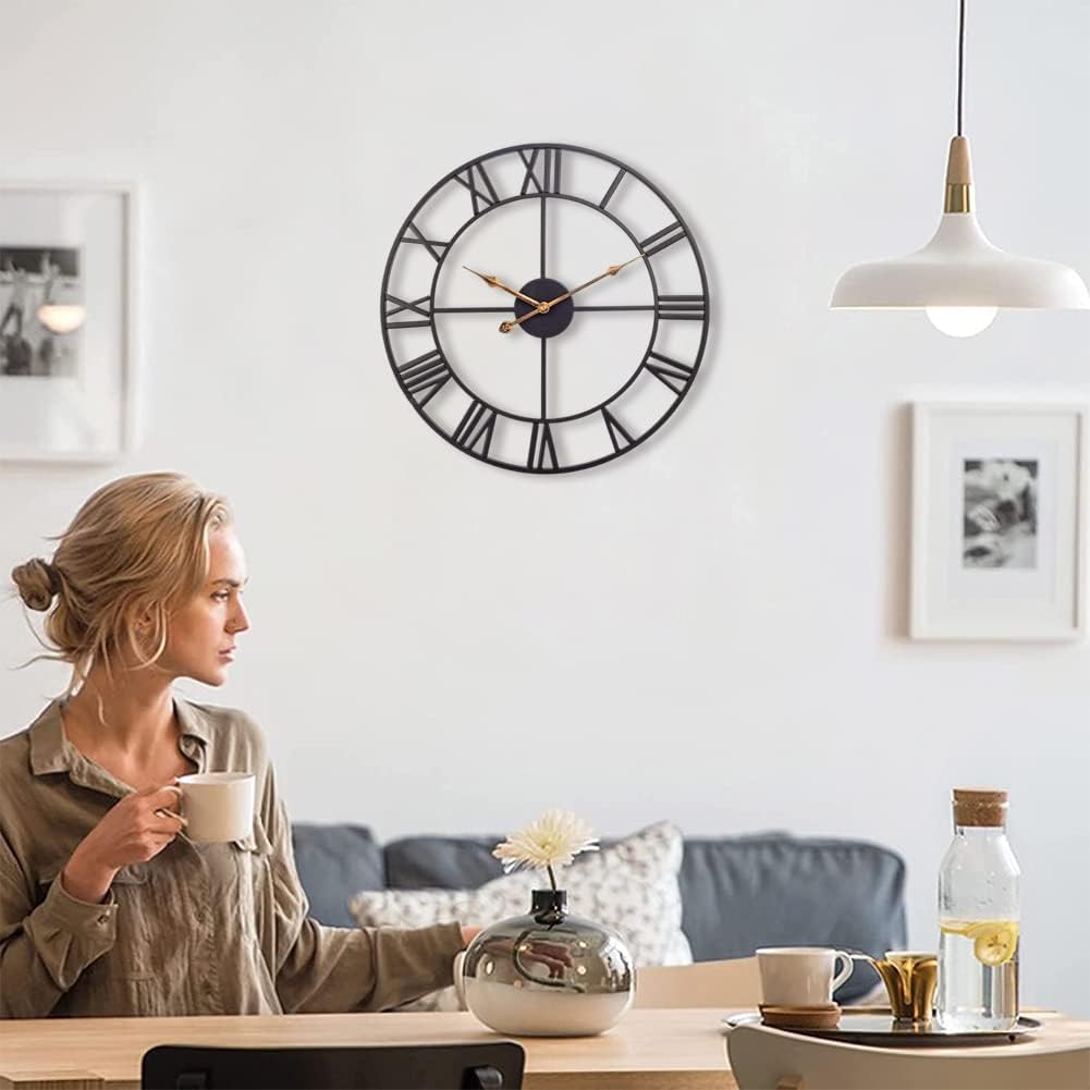 Size Large Color Black Industrial Wall Clock with Roman Numerals, Indoor Silent Non-Ticking Retro Clock, Vintage Metal Decorative Black Metal Art Clock Battery Operated for Home Kitchen Cafe Hotel Office Decor,1