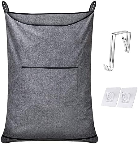 CALLMYBO Hanging Laundry Hamper - Extra Large Hanging Hamper (35x22Inch) with Over Door Hooks - Space Saving Over the Door Laundry Hamper - Hanging Laundry Bag With Wide Open Top(Grey with Black)