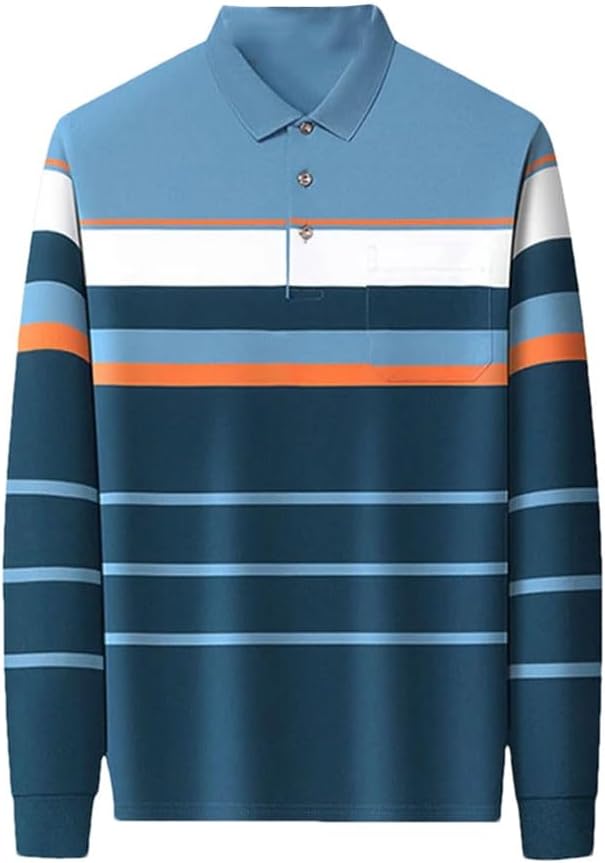 Men's 100% Cotton Polo Shirt Long Sleeve Striped Soft T-Shirt Breathable Loose Sweatshirts
