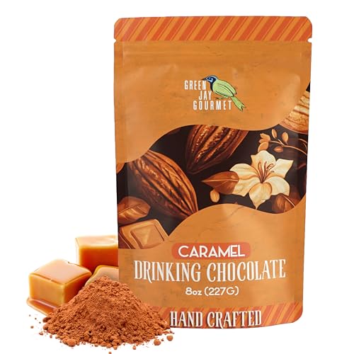 Green Jay Gourmet Hot Chocolate Mix - Caramel Hot Cocoa Mix for an Indulgent Drinking Chocolate Experience - Smooth, All Natural Hot Coco w/ Caramelized Turbinado Sugar & Real Vanilla Extract - 8 Ounces
