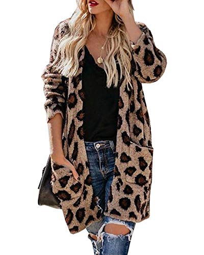 Ferbia Women Fluffy Cardigan Long Leopard Sweaters Boyfriend Chunky Coats Open Front Loose Jackets with Pockets Khaki