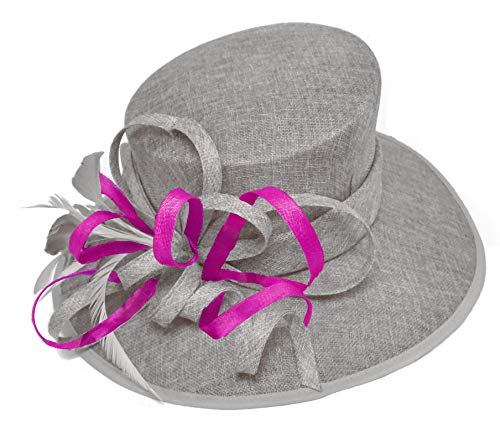 Chapeau de cérémonie Caprilite gris argenté et rose fuchsia grand bord