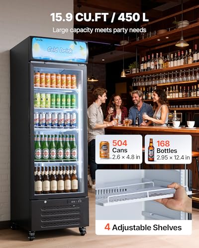 Image of VEVOR Commercial Merchandiser Refrigerator, 15.9 Cu.Ft / 450 L Glass Door Display Refrigerator, Upright Beverage Cooler with Customizable Lightbox, 4 Adjustable Shelves & Soft LED Light for Home Shops