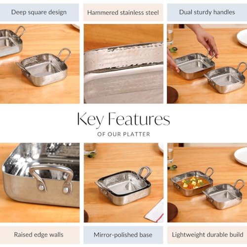 Image of Nestasia Stainless Steel Square Serving Dishes Set of 2 (450ml, 650ml) - Hammered Flat-Base Steel Serving Bowl with Dual Handles | Rust, Stain & Scratch Resistant Serveware with Glossy Finish