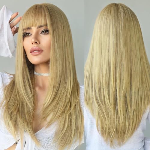 XILIYAI Long Blonde Straight Wigs for Women - 26 inch Glueless Realistic Blond Synthetic Wig with Bangs, Heat Resistant Natural Layered Wig for Girls Daily Party Cosplay