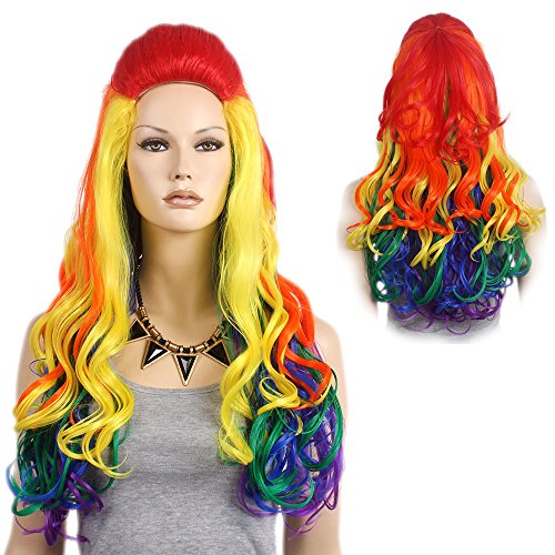 STfantasy Wigs for Women Long Wavy Curly Rainbow Dash Ombre Cosplay Costume Party Color Run Synthetic Hair+Cap(31 Inches Multicolor)