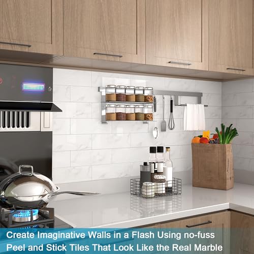 Image of BeNice Peel and Stick Backsplash for Kitchen Tile,Peel and Stick Tiles for Walls Tile Stickers Waterproof Marble Tile Backsplash 3.85 inchx11.73 inch(16Tiles) Carrara White