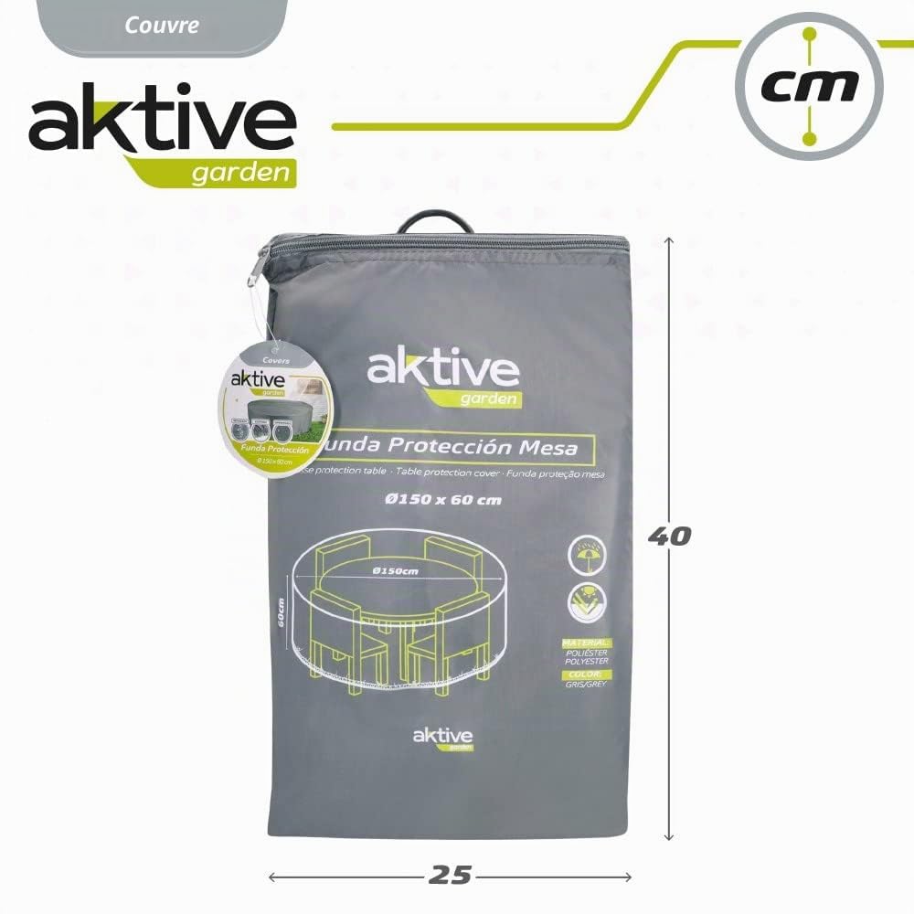 AKTIVE Housse de Table de Jardin Imperméable, Housse de Mobilier de Jardin Imperméable, Housse de Table Ronde, Ø150 cm, 60% Polyester, avec Protection UV, Gris, Jardin
