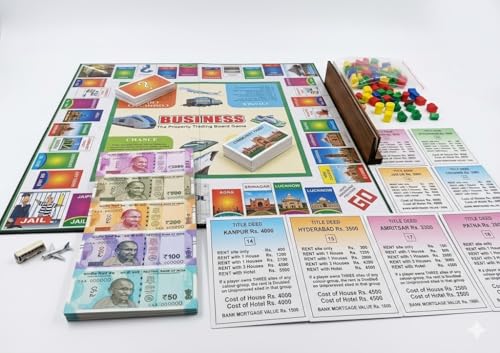 Image of Business Board Game for Kids & Family | Property Trading Strategy Game with Play Money, Dice & Cards | Fun Indoor Educational Game for 2-6 Players