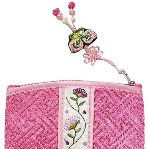 Seoulful Vintage Korean Embroidered Card Pouch - Wildflower Design Coin Purse with Butterfly Charm - Traditional Korean Chuseok Gifts (Light Pink)2