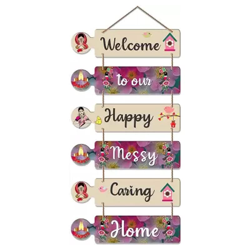 Image of Welcome to Our Happy Messy Caring Home Wall Hanging Decor | Wooden Hanging Quote for Living Room, Bedroom, Entrance | Home Decoration Item