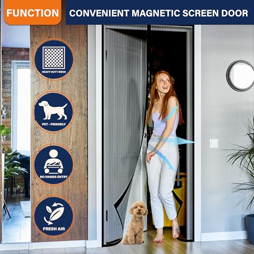 Image of Magnetic Screen Door,Hook&Loop Pet Screen Door Fit Door Size 34 inch x 80 inch Heavy Duty Door Screen Magnetic Keep Bugs Out