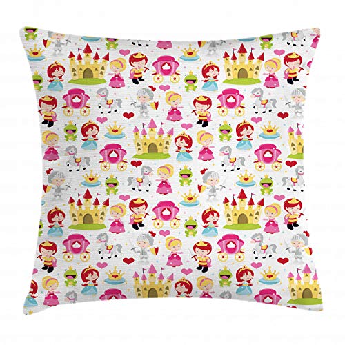 Lunarable Fantasy Throw Pillow Cushion Cover, Cartoon Illustration Cartoon Knights Castles Crowns Frogs Horses Illustration, Decorative Square Accent Pillow Case, 36