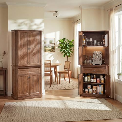 Image of 72.2 inch Tall Kitchen Pantry Cabinet with Doors, Farmhouse Storage Cabinet with Charging Station & LED Light, Drawer, Adjustable Shelves and Pull-Out Shelves, Walnut Wood Pantry Cupboard for Dining Room