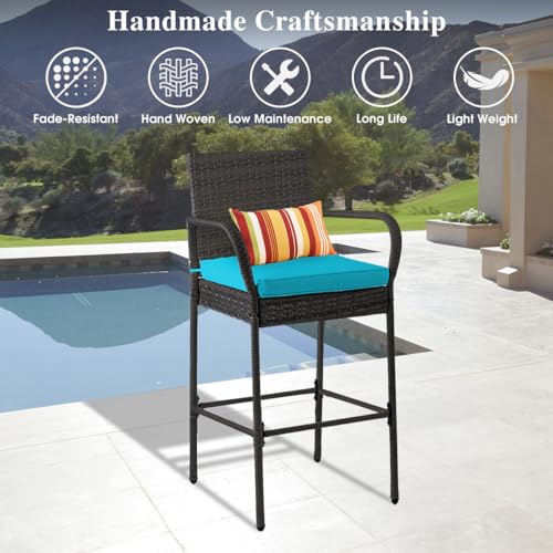 Image of Sundale Outdoor Wicker Bar Stool Set of 2, Patio Counter Height Pub Chair with Arms, High Top Rattan Barstool, Cushion Beige, All-Weather Outdoor Rattan Furniture (Gray&Blue, Small Seat - 2 Stools)