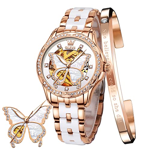 OLEVS Relojes automáticos de oro rosa para mujer, diseño de esqueleto, mecánico, de cuerda automática, elegante vestido de lujo para mujer, con diamantes de mariposa, correa de cerámica blanca, regalo