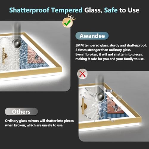 Image of 66x36 Gold Beveled LED Bathroom Mirror Backlit & Front Lit Anti-Fog | Brushed Gold Framed, Anti-Fog Lighted Vanity Mirror, Dimmable, 3-Color Light, Memory, CRI95, HD Tempered Glass, UL Listed