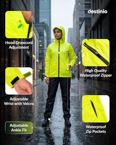 Image of Destinio Rain Coat for Men Waterproof with Hood, Thick Polyester, Leak Proof, Premium Zipper, Raincoat for Bike Riding, Double Layer Rain Suit for Riders, Rainwear Set