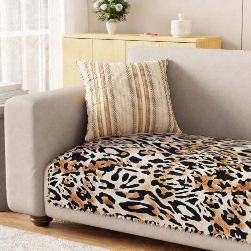 Image of Lukzer 1 Seater Sofa Cover Mat Reversible Quilted Sofa Seat Protector with WaveEdge Ultrasonic Cut - Leopard Print - Washable Anti-Slip Sofa Throw for Living Room Couch Cover 60 x 85 CM /SC-220-01WE