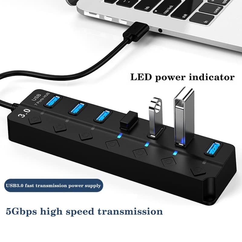Image of USB Hub 3.0 - 7-Port High-Speed USB Splitter with Individual On /Off Switches, LED Lights, USB Extension for Laptop, PC, Mobile HDD - Plug & Play Data Hub (No Power Adapter)