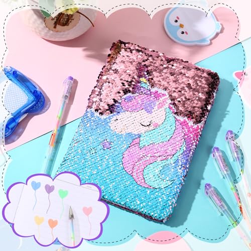 Image of Outus 4 Pcs Sequin Girls Journal Valentines Journal Gift with Color Gel Ink Pens Glitter Notebook Flip Writing Diary for Kids Girl Writing Drawing Travel Gifts(Gradient Pink,Unicorn)