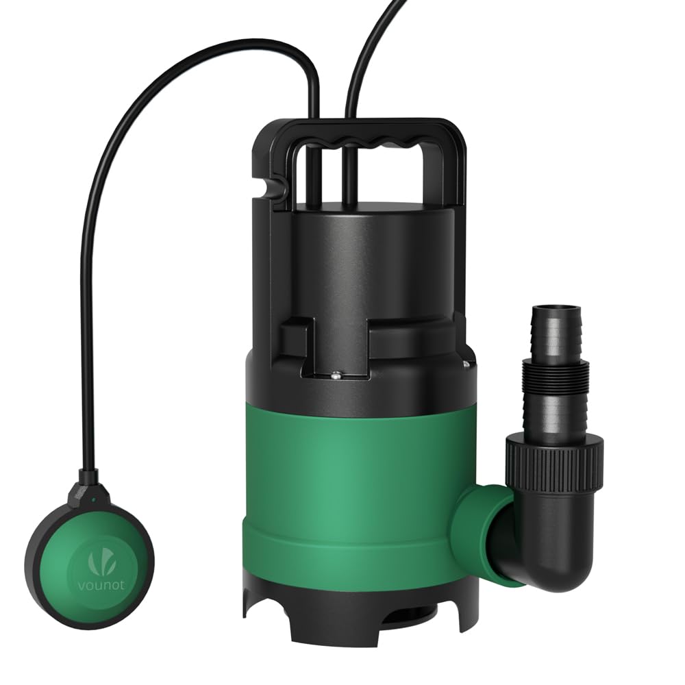 VOUNOT® Pompa Sommersa per Acque Sporche, Pompa Immersione, Portata Max 8000 l/​h, Prevalenza Max 5.5 m, Immersione max 7m, Impurità Ø 25 mm, con Interruttore a Galleggiante, Verde