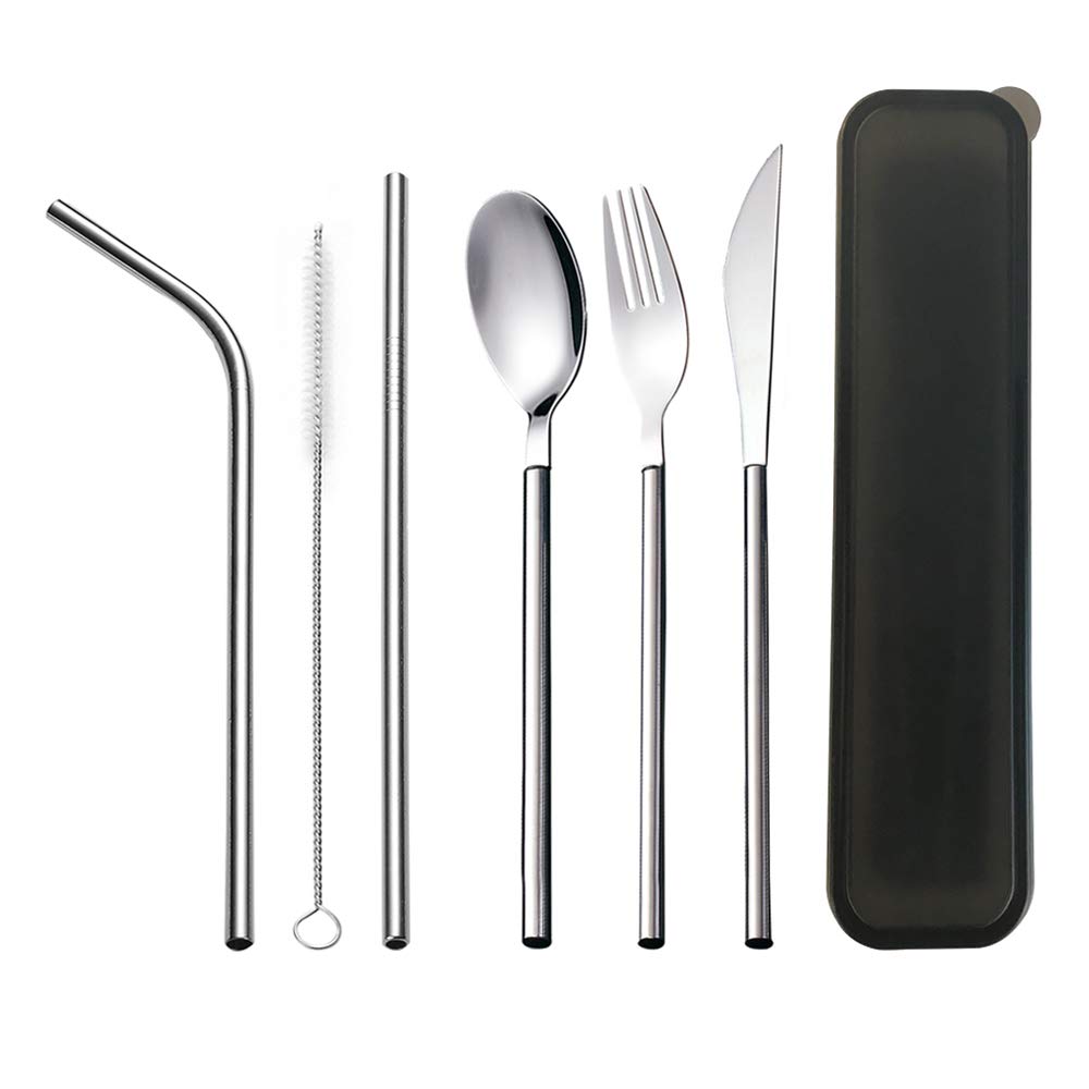 Worthbuy Travel Silverware Cutlery Set Stainless Steel Flatware Set with Reusable Metal Straws and Carrying Case