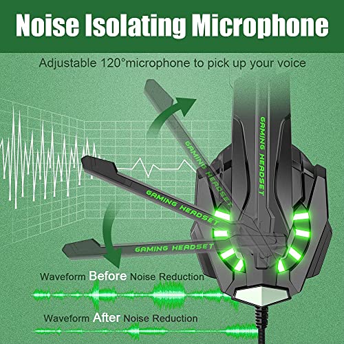 Image of BENGOO G9000 Stereo Gaming Headset for PS4 PC Xbox One PS5 Controller, Noise Cancelling Over Ear Headphones with Mic, LED Light, Bass Surround, Soft Memory Earmuffs for Laptop Mac - Green