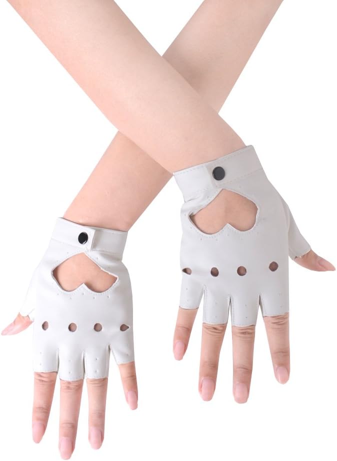 JISEN Women Heart Cutout Punk Half Finger PU Leather Performance Gloves A-white