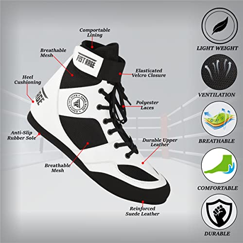 Fistrage Boxing Shoes Leather Kick Fighting Training Mesh Unisex Pro Men's And Youth Genuine Light Weight Boot | Shoe For Adults (White-Black, 7) #TOP6