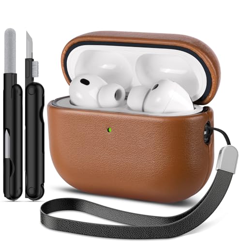 Ensfomte for AirPod Pro 3 Case Geniune Leather Case Compatible with AirPods Pro 3rd Generation Case (2025) AirPods Pro 3 case Leather Protective Cover with Lanyard & Cleaner Kit Brown