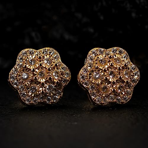 Men's Large 14K Yellow Gold 925 Sterling Silver Flower Cluster Hip Hop Stud Earrings3