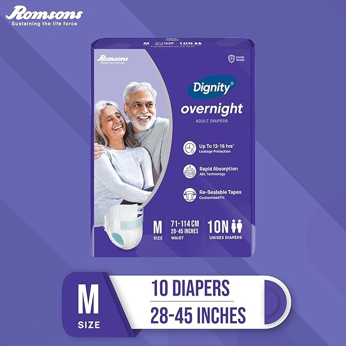 Image of DIGNITY Overnight Tape Style Adult Diapers - M (40 Pieces) With Wetness Indicator and Leakage Protection Upto 12-16 Hrs.