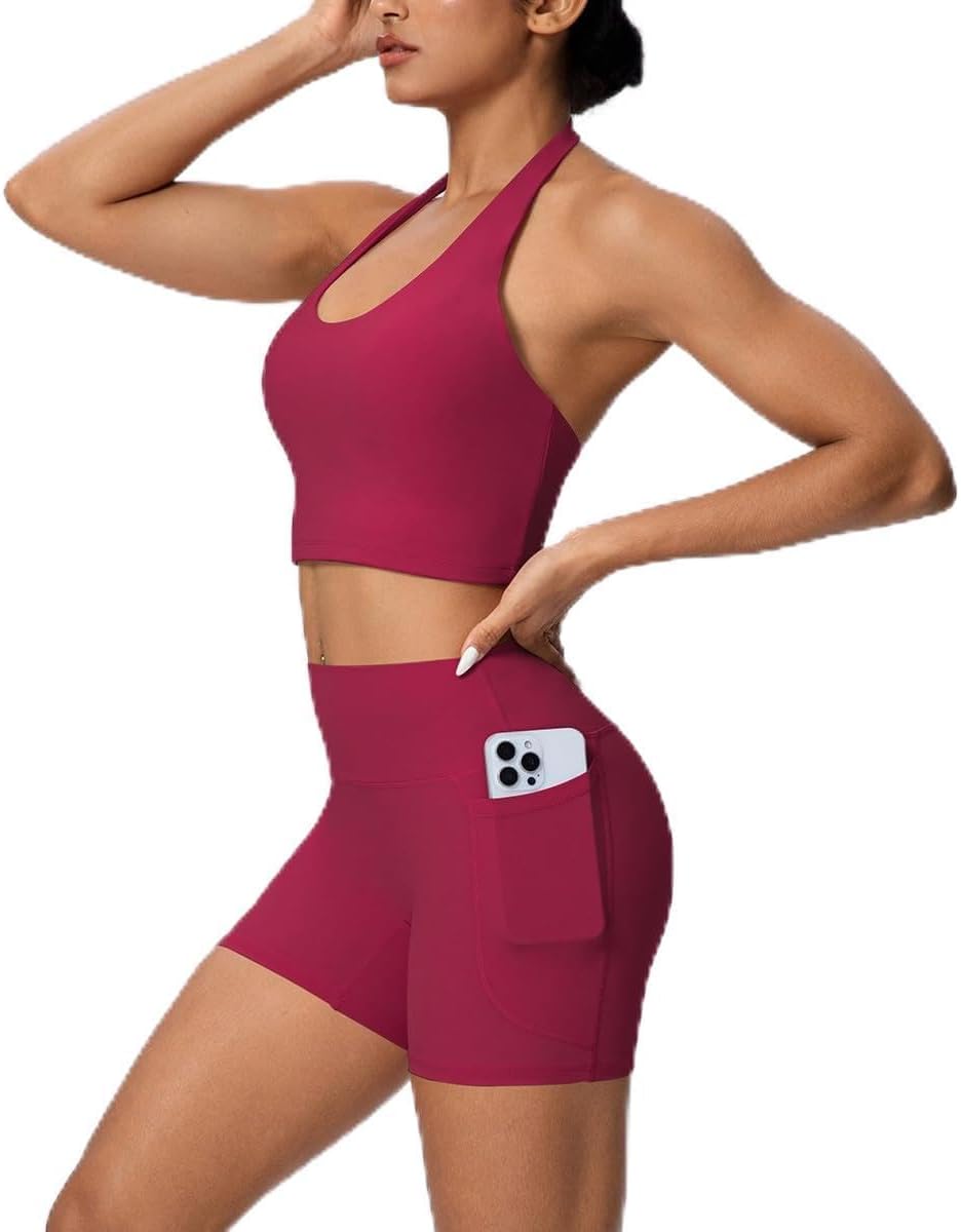 Workout Sets for Women 2 Piece Backless Halter Tops High Waist Booty Yoga Gym Outfits Shorts with Pockets