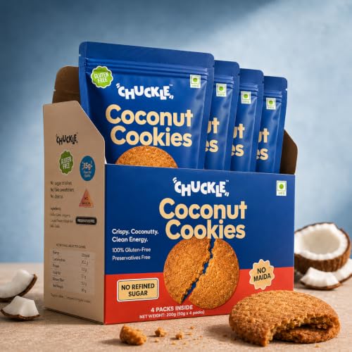Image of Chuckle Coconut Cookies with Oats | Cookies without Maida & Palm oil | No Refined Sugar Jaggery Sweetened | Gluten Free | With Isabgol & Rolled Oats High Protein | Healthy Snack for Kids & Adults | 200g (4x50g)