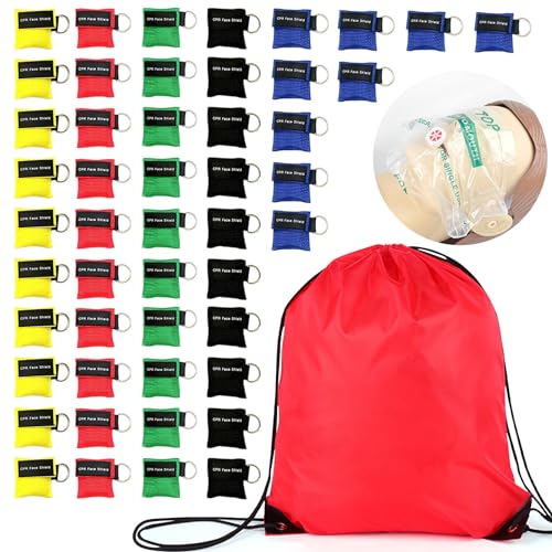 Yzpacc CPRマスク&レッドバッグ、CPRシールドマスク緊急マスクキーチェーンリング、CPRキーチェーンマスク、一方向バルブ呼吸バリア付きCPRポケットマスク 応急処置またはAEDトレーニング用