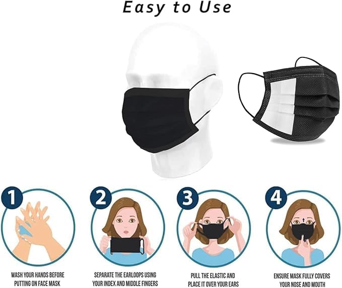 Disposable Face Mask,50 Pack Face Mask 3 Ply Filter Protection, Disposable Face Mask, 50 Disposable Protective Mask (BLACK, 50 Pieces)