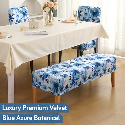 Image of HOKIPO Premium Printed Velvet Elastic Dining Bench Cover, Blue Azure Botanical (AR-5798-D8)