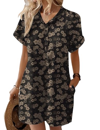 Image of Zeagoo Womens Cotton Shirt Dress Summer Casual Short Sleeve Button Down Beach Cover Up Shirts with Pockets