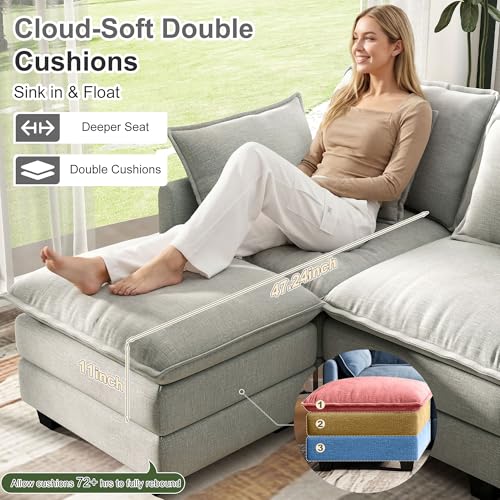 Image of 107 inch Cloud Couch Sectional Modular Sofa, Deep Seat Couches with Ottoman and Removable Washable Pillows for Living Room, Bedroom, Apartment, Light Grey