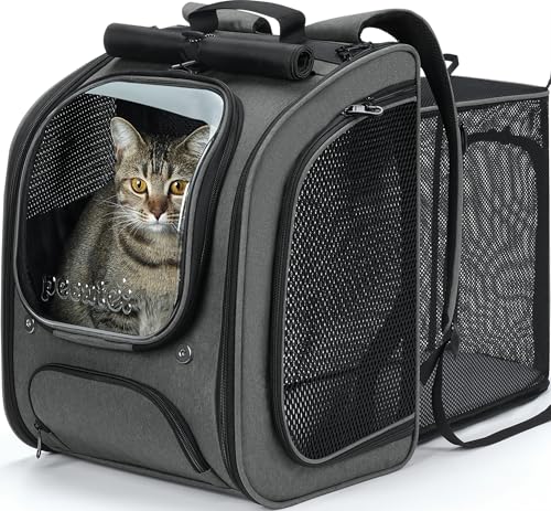 ペキュート Pecute 猫 きゃりーバッグ ペット キャリーバッグ 猫 犬用 リュック拡張可能 2WAY 透明な窓 通気性 ペットハウス 折り畳み お出かけ ドライブ 旅行 通院 防災 避難用 キャリー グレー